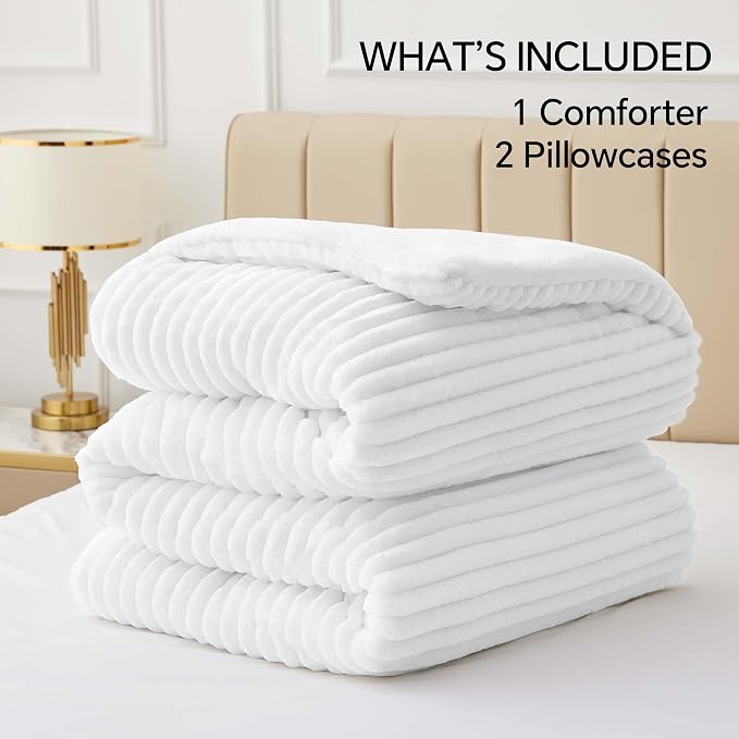 BEDELITE Fleece King Comforter Set -Super Soft & Warm Fluffy Bright White - Image 7
