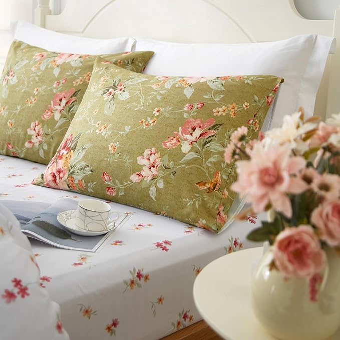 mixinni Duvet Cover King Size, Long Staple Cotton Reversible Green Floral Duvet - Image 4