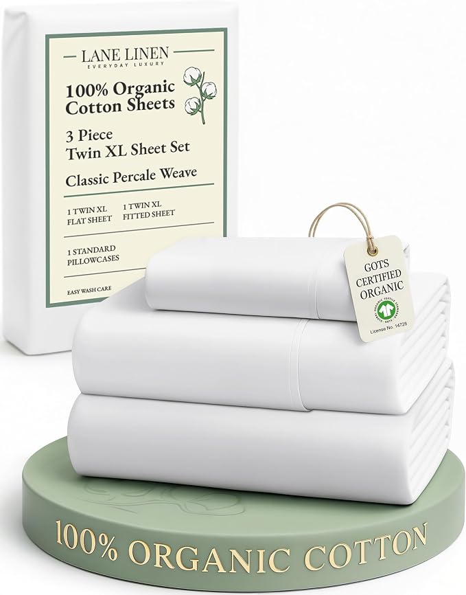 LANE LINEN 100% Organic Cotton White Twin XL Sheets Set 3-Piece Pure Percale by LaneLinen