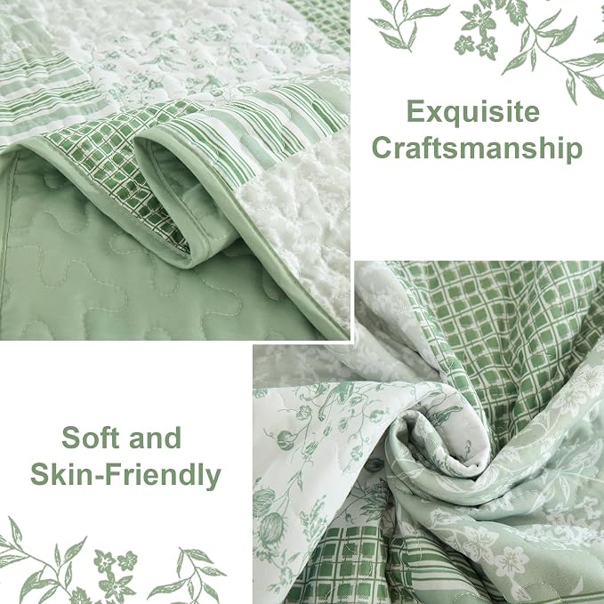 Mybedsoul Light Green Quilt Set King Size, 3 Pieces Plaid Floral Bedspread Set - Image 5