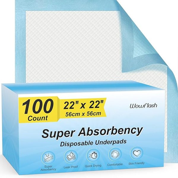 100 Count 22” x 22” Super Absorbency Disposable Underpads, Leakproof Quick by Wowflash