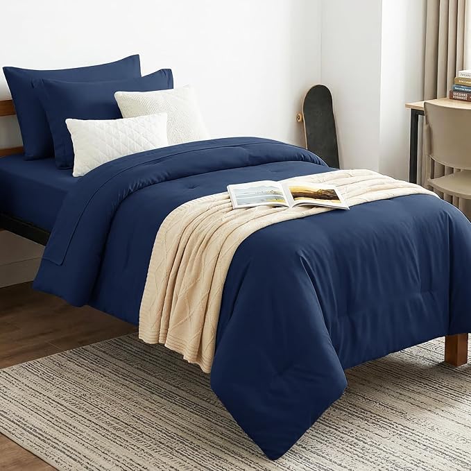 CozyLux Twin Comforter Set Navy Blue, 5 Pieces Bed in a Bag Twin Comforter Set by CozyLux