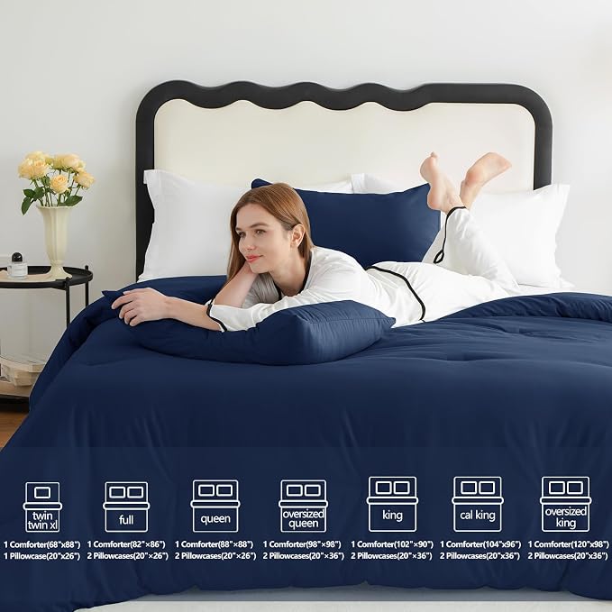 CozyLux California King Comforter Set Navy Blue, 3 Pieces Cal King Solid - Image 6