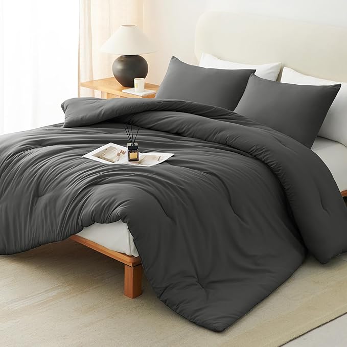 CozyLux Full Size Comforter Set Dark Grey, 3 Pieces Solid Breathable Quilted by CozyLux