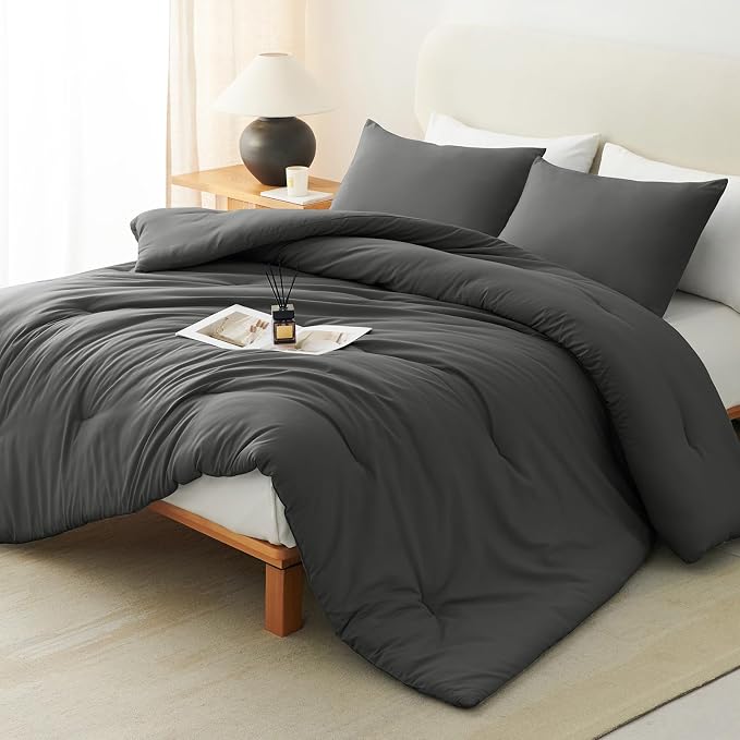 CozyLux California King Comforter Set Dark Grey, 3 Pieces Cal King Solid by CozyLux