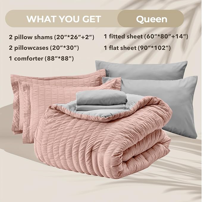 HYMOKEGE Rose Gold/Light Grey Queen Comforter Set Seersucker 7 Pieces, All - Image 6