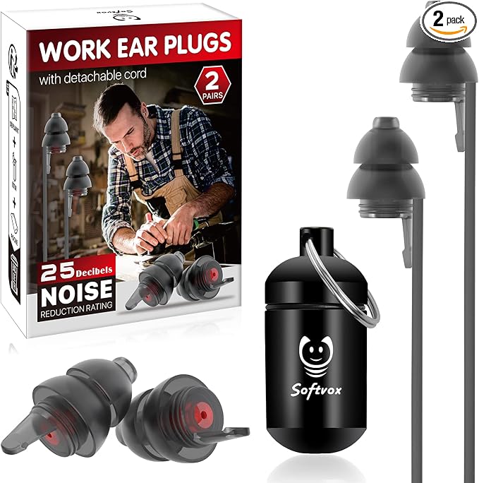Corded Ear Plugs for Work 2 Pairs, 100x Reusable Ultra-Comfy Earplugs by Softvox