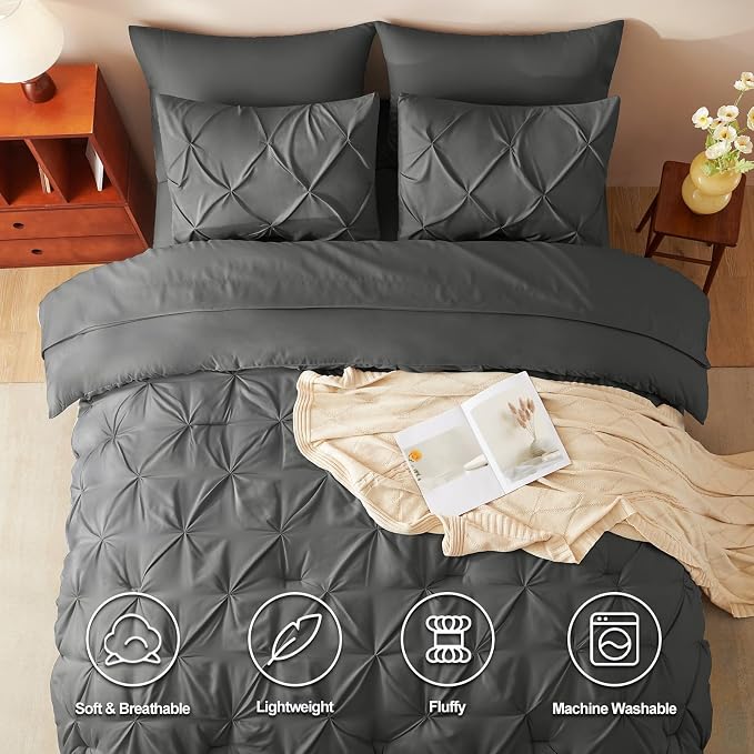 CozyLux Twin XL Comforter Set Dark Grey, 5 Pieces Twin Extra Long Pintuck Bed - Image 2