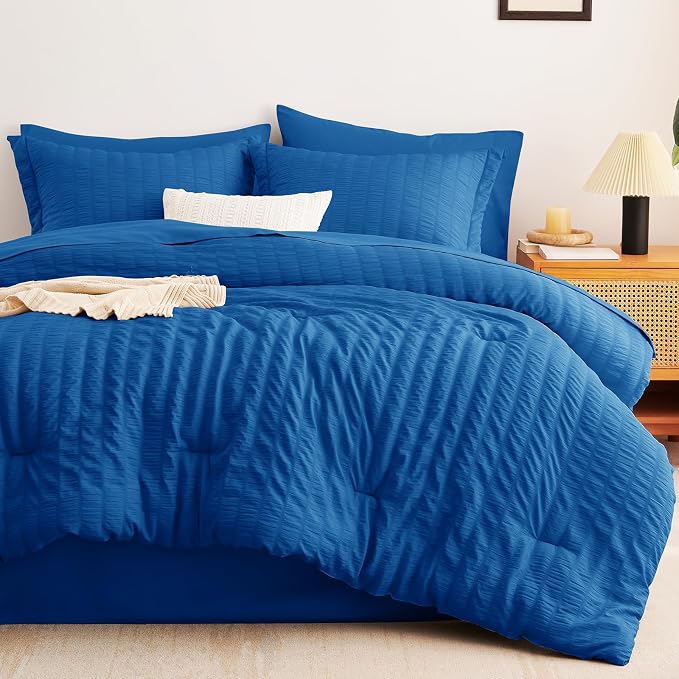 CozyLux King Size Comforter Set Classic Blue Seersucker 7 Pieces Bed in a Bag - Image 9