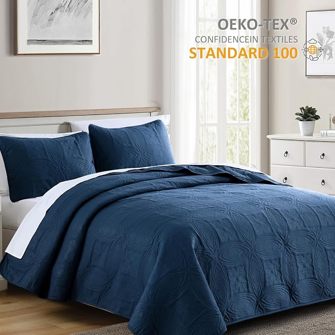 Yiran Navy Blue Quilt Set Queen Size Lightweight Bedspread Embossed Pattern - Image 3