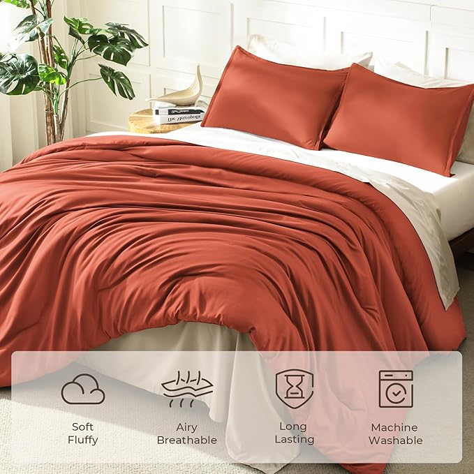 Litanika Burnt Orange Queen Size Bed Comforter Set, 3 Pieces Terracotta Fall - Image 3
