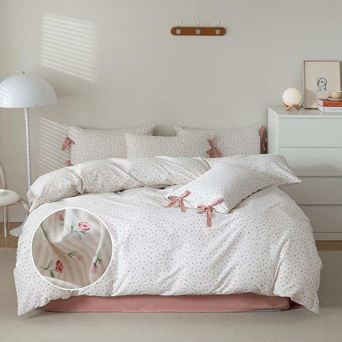 mixinni Soft Aesthetic Floral Print White Duvet Cover Pink Rose Pattern Girls - Image 2