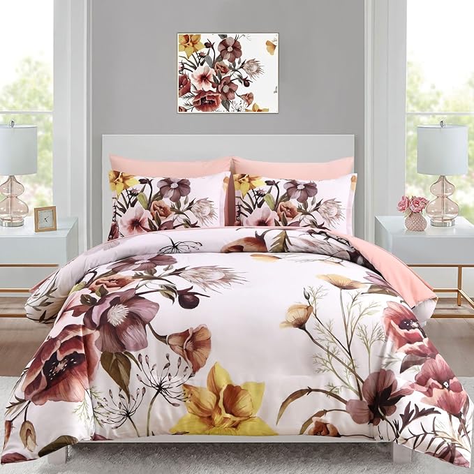 Luxudecor Floral Comforter Set Queen Size 7 Piece, Blush Flower Bed in a Bag by Luxudecor