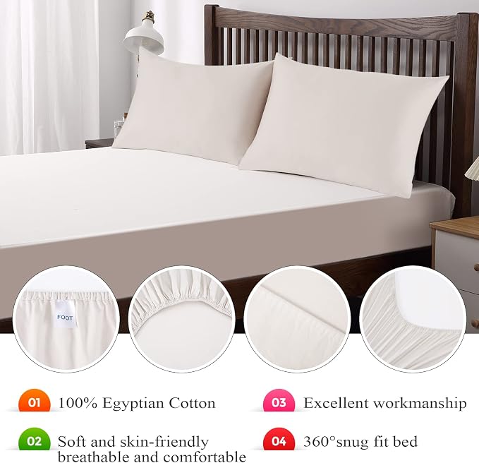 Queen Size Fitted Sheet Only Light Beige, 100% Egyptian Cotton 600 Thread Count - Image 7