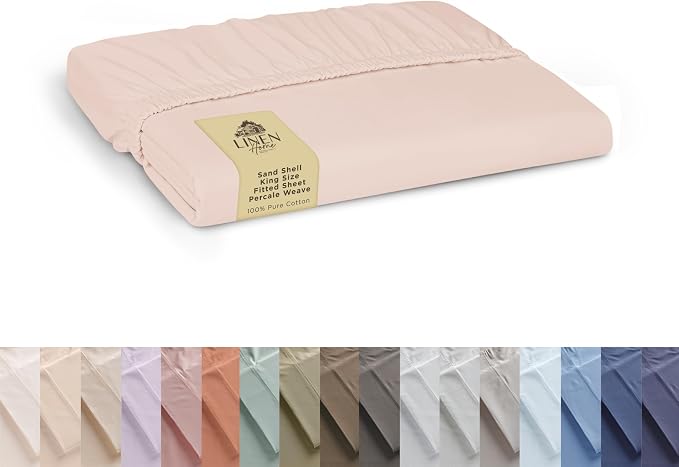 Linen Home 100% Cotton Percale Weave Fitted Sheet, King Size, Sand Shell by LINENHOME