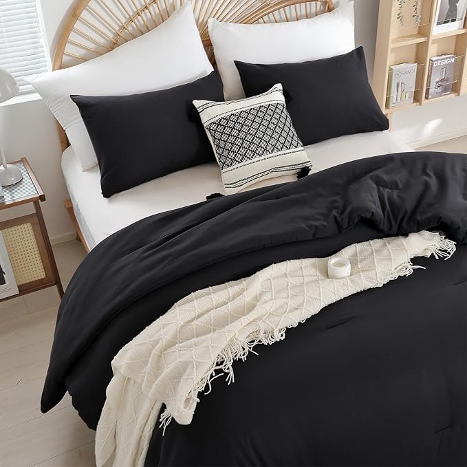 weigelia Queen Comforter Set Black Comforter Boho Solid Color Bedding Comforter - Image 3