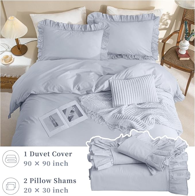 QSH Ruffle Duvet Cover Queen Size Washed Cotton - Image 5