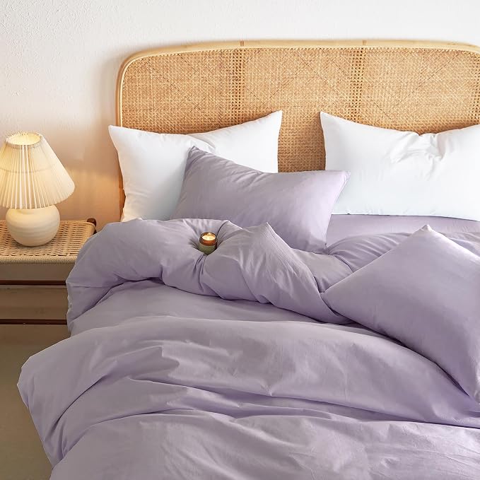 Wake In Cloud - Cotton Duvet Cover Set, Queen Size, Light Purple, 100% Washed - Image 4