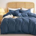 Wake In Cloud - Cotton Duvet Cover Set, Full Size, Dark Navy Blue, 100% Washed by WakeInCloud