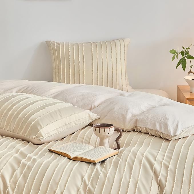 WARMDERN Tufted Duvet Cover Set King Size, Khaki Striped Textured Boho Bedding - Image 7
