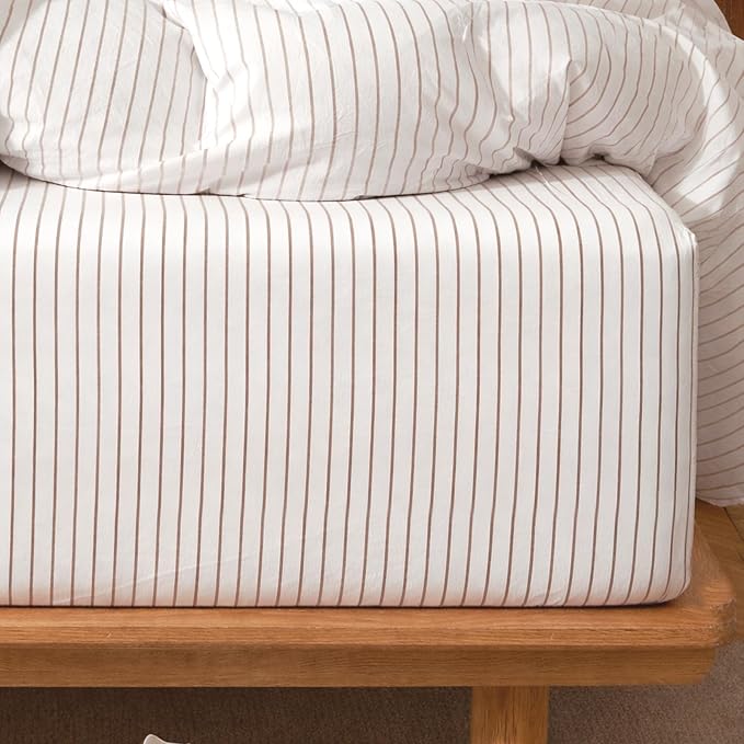 MooMee Stripes Fitted Bottom Sheet Only 100% Washed Cotton Linen Like Textured by MOOMEE