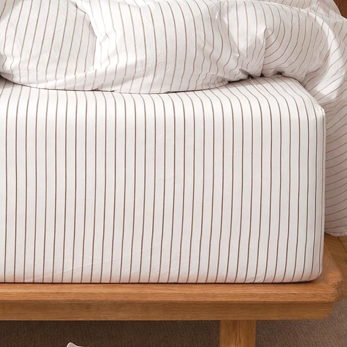 MooMee Stripes Fitted Bottom Sheet Only 100% Washed Cotton Linen Like Textured by MOOMEE
