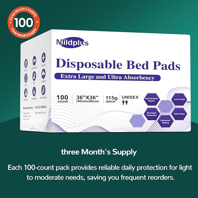 MILDPLUS 100 Count Disposable Bed Pads, 36x36 Inch Extra Large Incontinence - Image 5