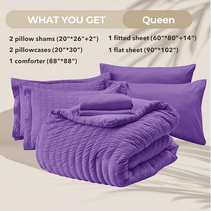 HYMOKEGE Bright Purple Queen Comforter Set Seersucker 7 Pieces, All Season - Image 5