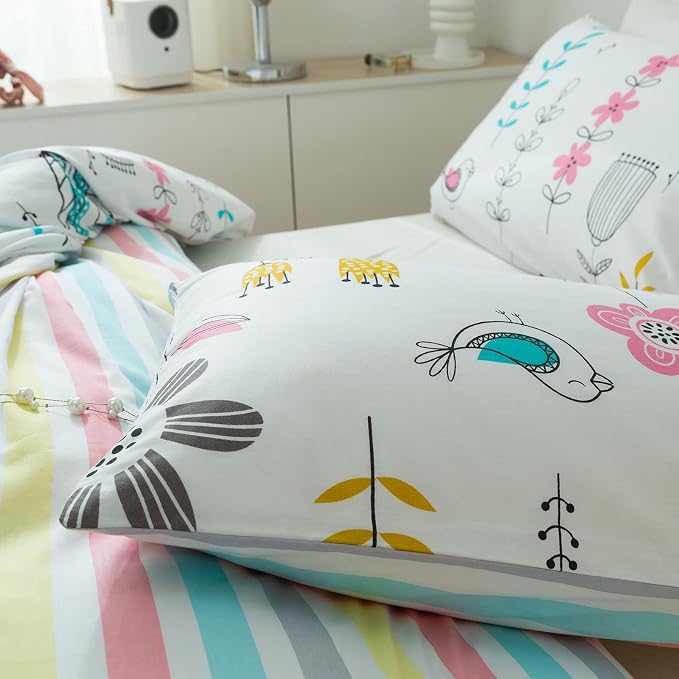 mixinni Girls Flower Leaves Pattern on White Duvet Cover Twin Size Colorful - Image 4