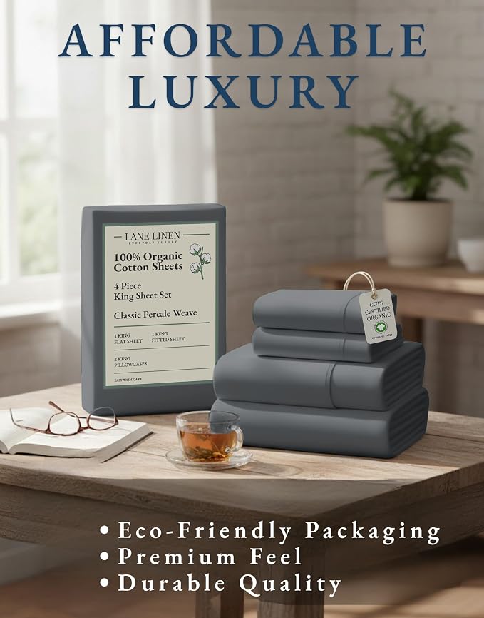 LANE LINEN 100% Organic Cotton Sheets King Size Machine Washable Fully - Image 8