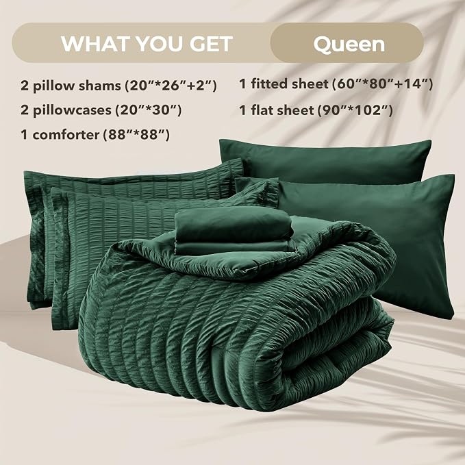 HYMOKEGE Emerald Green Queen Comforter Set Seersucker 7 Pieces, All Season - Image 6