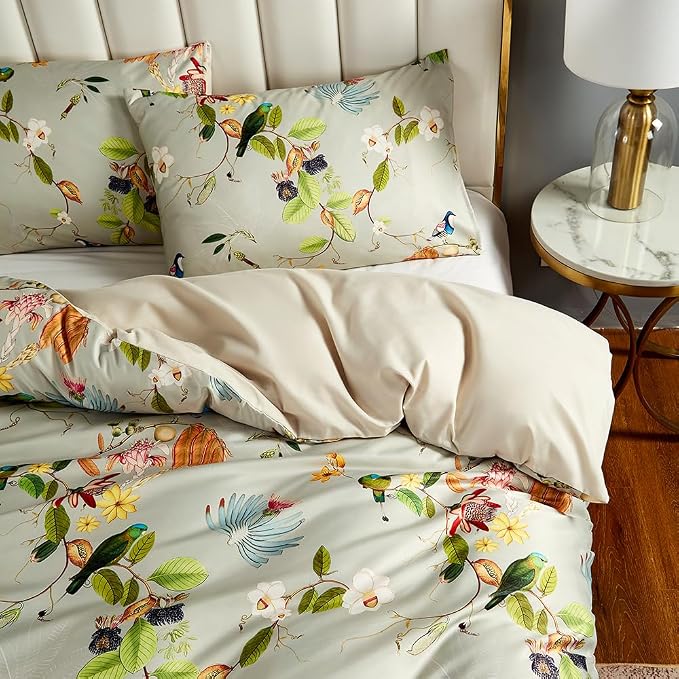 mixinni Garden Style Floral Birds 3 Pieces Duvet Cover King Size Green Leaves - Image 3