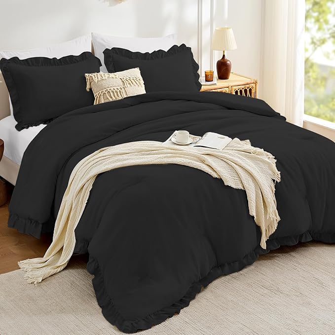 FUANNA King Size Comforter Set Black, 3 Pieces Ruffle King Bedding Set by FUANNA