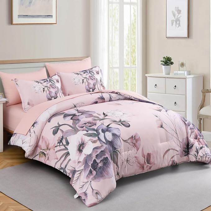 Luxudecor Floral Comforter Set Queen Size 7 Piece, Blush Pink Flower Bed in a - Image 2