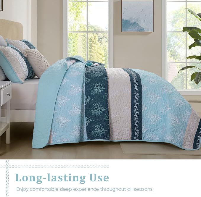 DJY Quilt Set Queen Size Light Blue Boho Striped Floral Bedspread Coverlet Set - Image 4