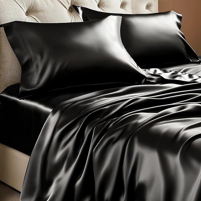 BEDELITE Satin Sheets Full Size Bed Set, Luxury Soft Black Silky Sheets by BEDELITE