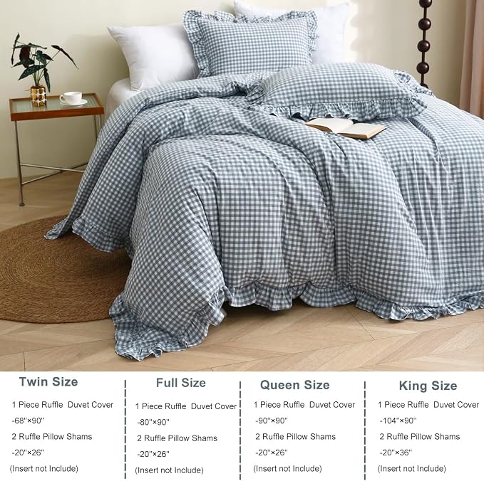 Silnuo Light Blue/White Plaid Ruffle Duvet Cover Set Twin Size, 100% Washed - Image 3
