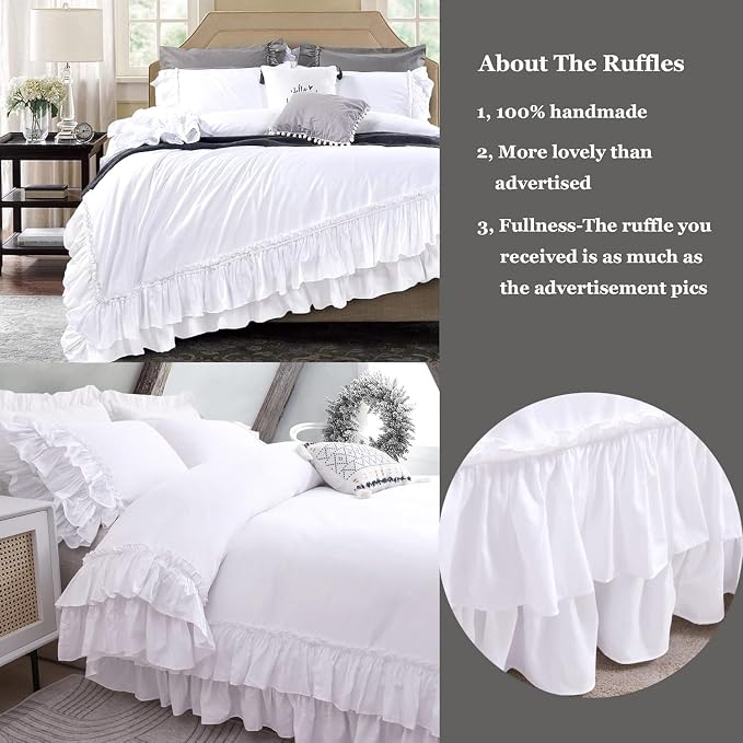 QSH Ruffle White Duvet Cover California King Size- Washed Cotton Shabby - Image 3