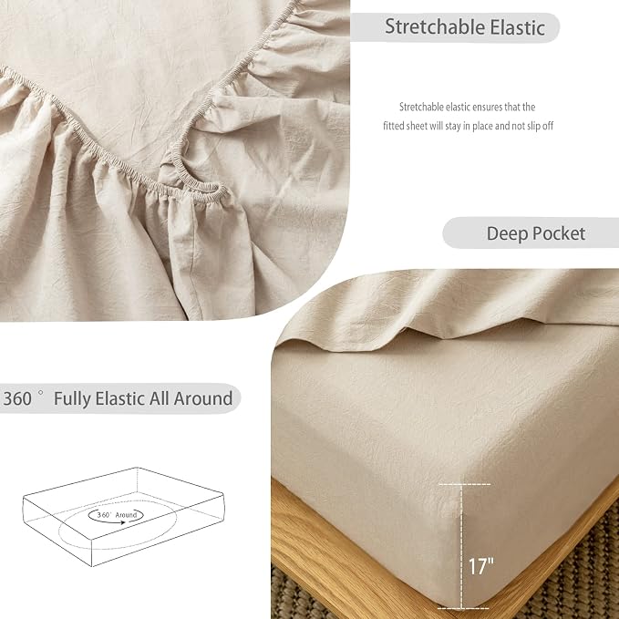 MooMee Fitted Bottom Sheet Only 100% Washed Cotton Linen Like Textured - Image 4