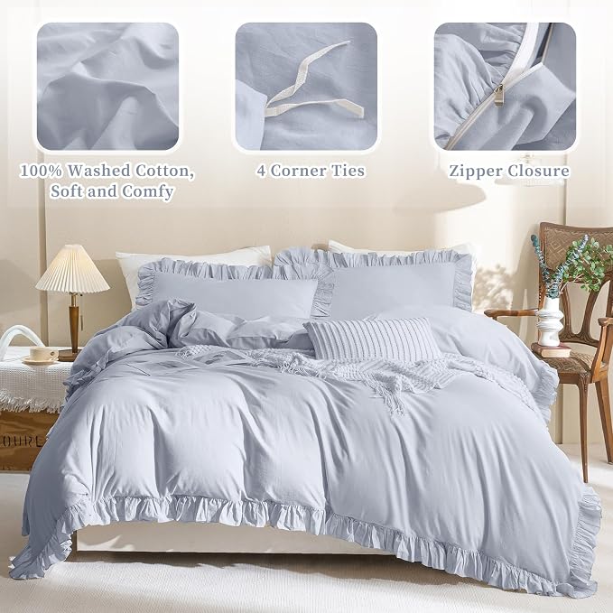 QSH Ruffle Duvet Cover Queen Size Washed Cotton - Image 4