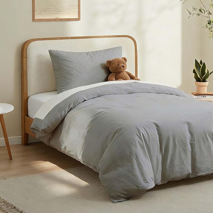 LOVQUE Light Grey Cotton Duvet Cover Twin Size, Linen Like Natural Bedding Set - Image 2