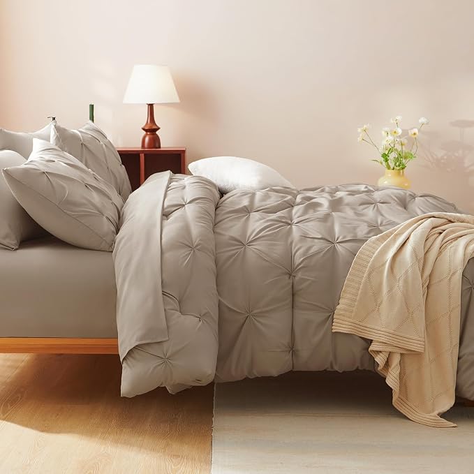 CozyLux King Size Comforter Set Khaki, 7 Pieces Pintuck Bed in A Bag Khaki - Image 6