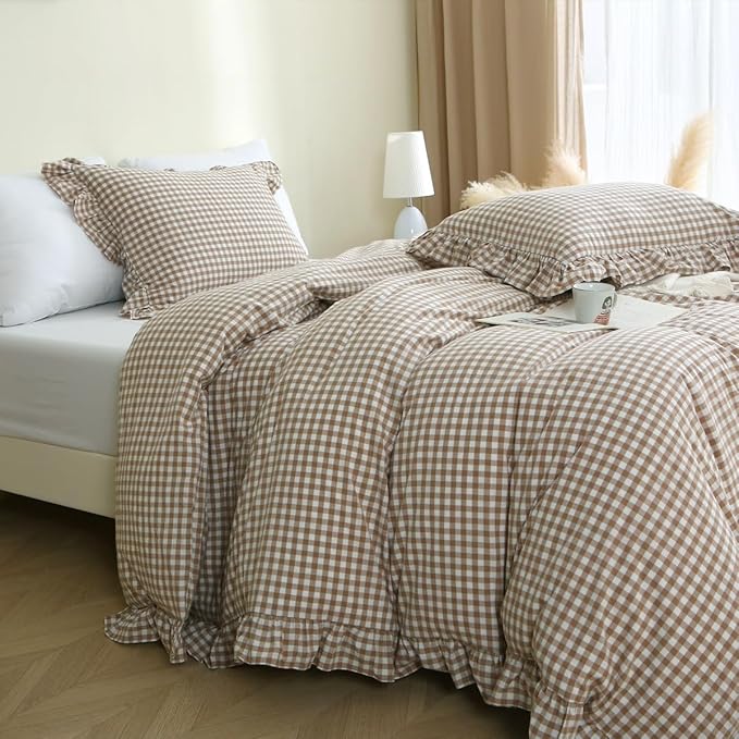 Silnuo Taupe/White Plaid Ruffle Duvet Cover Twin Size, 100% Washed Cotton 3 Pcs - Image 2