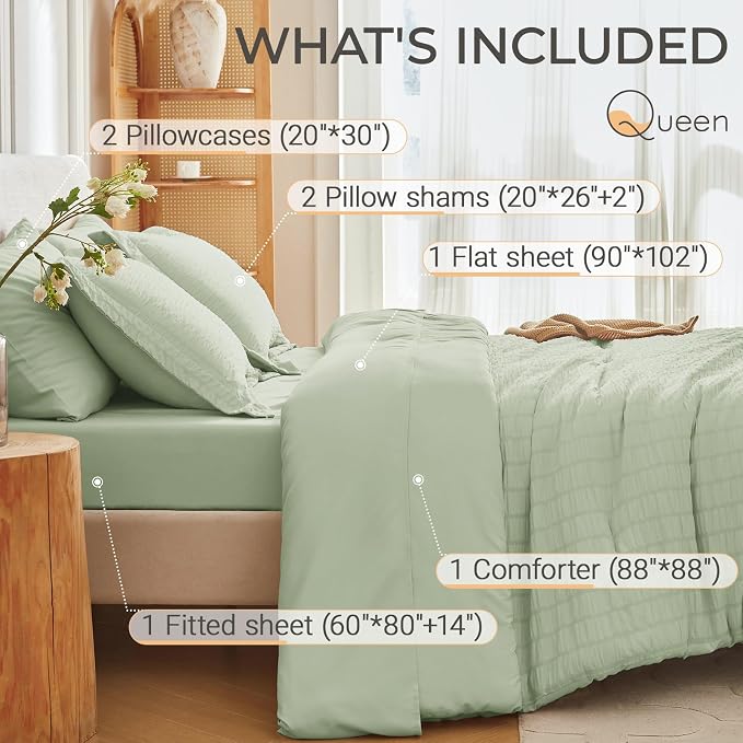 MUXHOMO 7 Pieces Queen Comforter Set, Seersucker Bed in a Bag Queen Size - Image 4