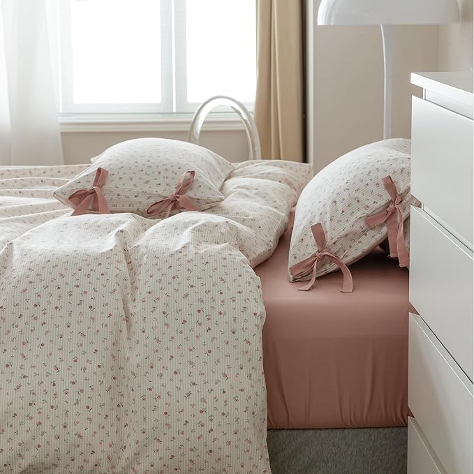 mixinni Soft Aesthetic Floral Print White Duvet Cover Pink Rose Pattern Girls - Image 5
