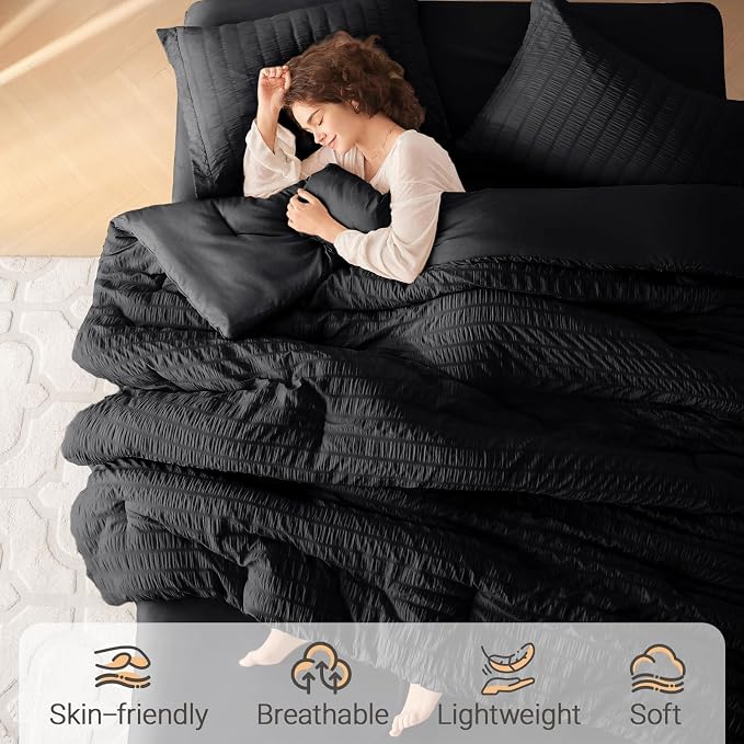 MUXHOMO 7 Pieces Queen Comforter Set, Seersucker Bed in a Bag Queen Size - Image 2