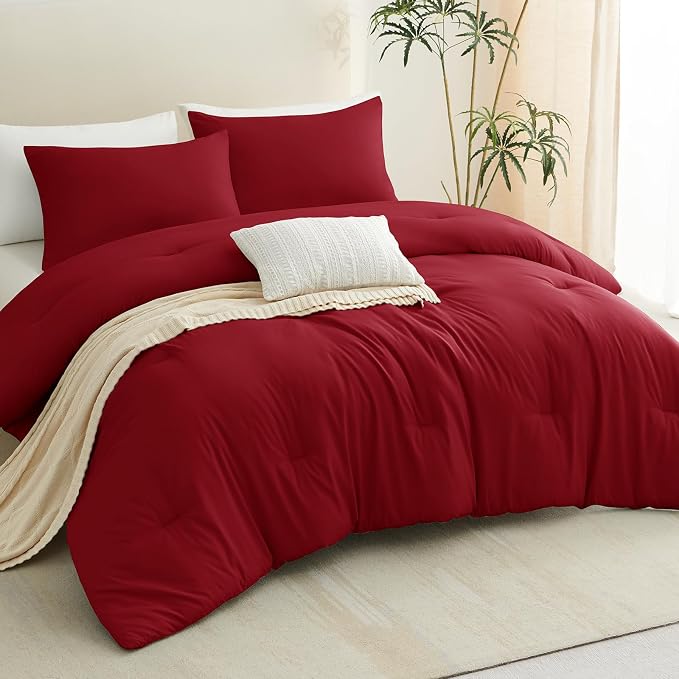 CozyLux Oversized Queen Comforter Set Dark Red, 3 Pieces 98x98 Solid Breathable - Image 9