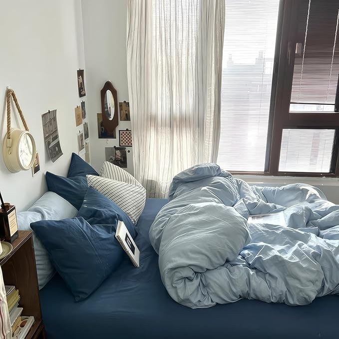 mixinni 100% Washed Cotton Duvet Cover Set King Size, Solid Light Blue Ocean - Image 2