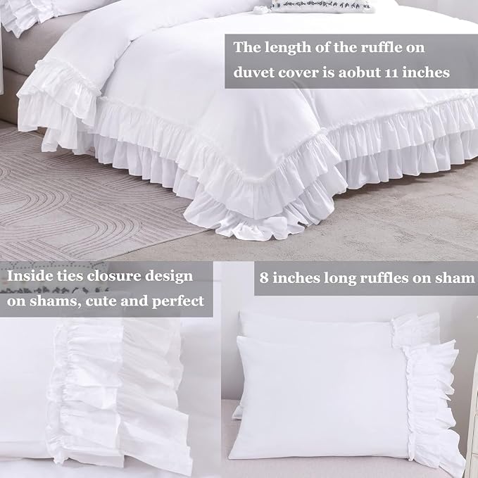 QSH Ruffle White Duvet Cover California King Size- Washed Cotton Shabby - Image 6