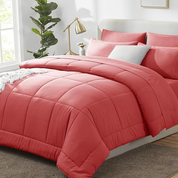 CozyLux Full Size Comforter Sets Coral, 7 Pieces Bed in a Bag, Coral Comforter by CozyLux